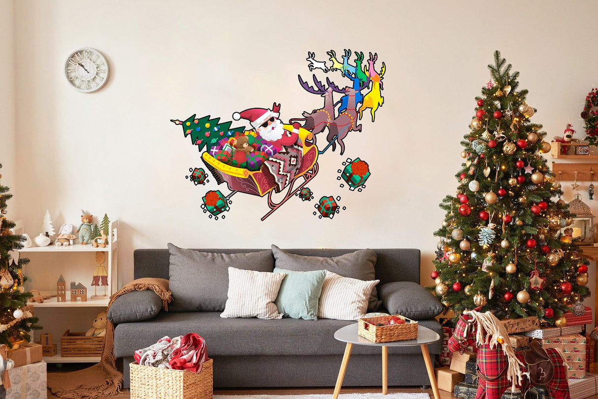 Colorful Humorous Santa in Glasses & Sleigh Wall Decal - Funny Christmas Silhouette Stickers - Decords