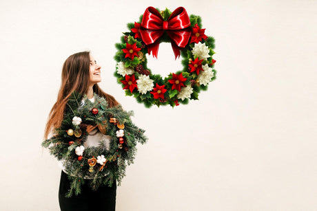 Floral Green Wreath Wall Decal with Red Bow - Christmas Decor Sticker - Decords