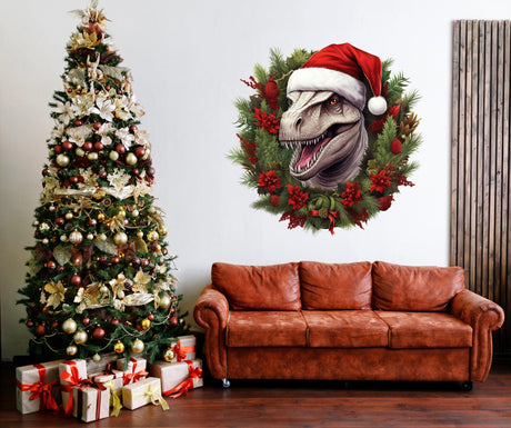 Dino Merry Christmas Wreath Wall Decal - Funny Dinosaur T-Rex in Red Hat Sticker - Decords