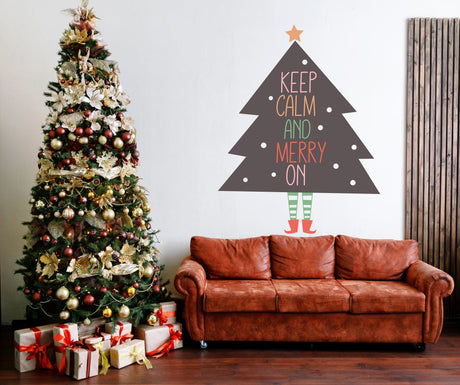 Whimsical Christmas Tree with Legs Wall Vinyl Sticker - Merry On Colorful Text Decal - Decords