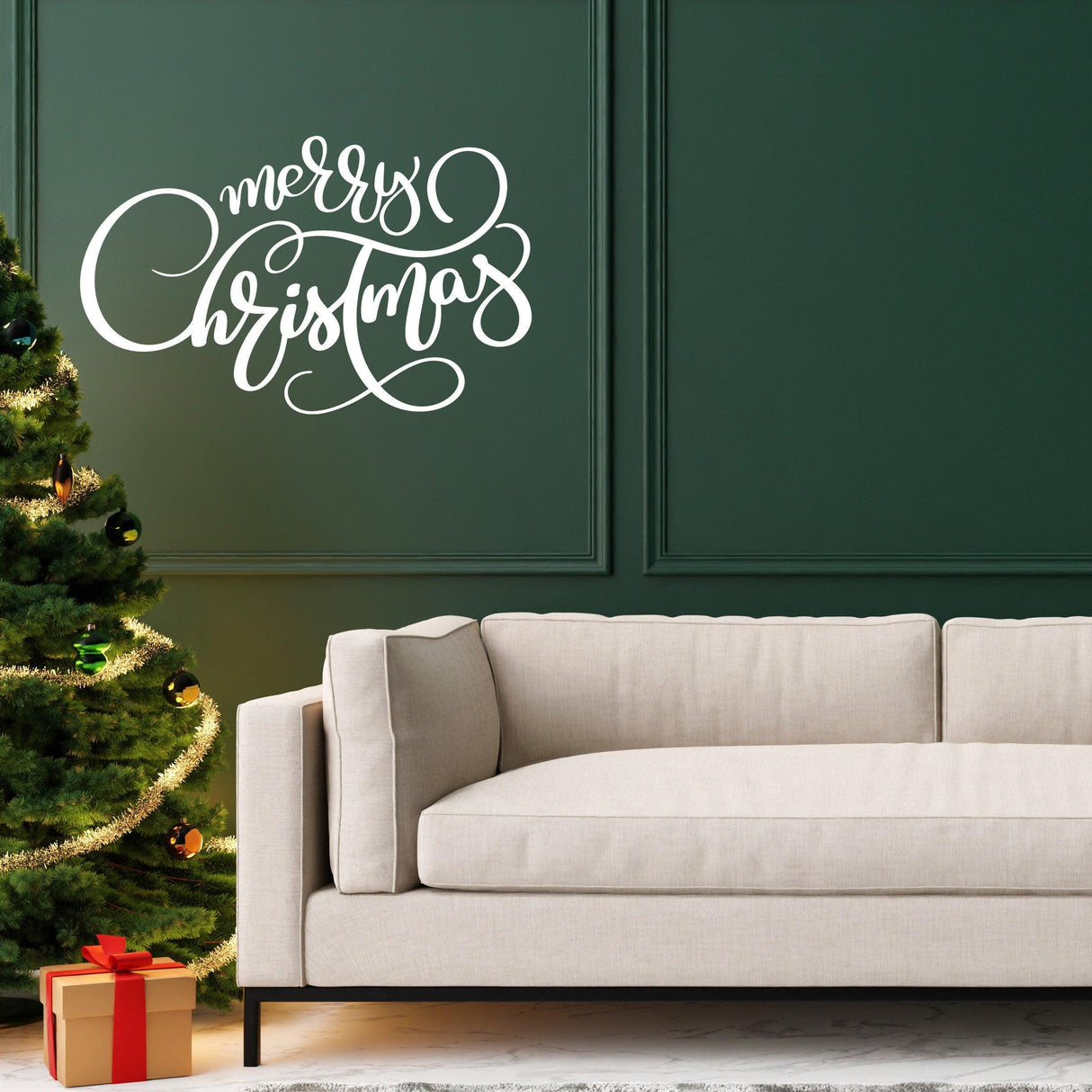 Elegant Christmas Quote Wall Vinyl Sticker - "Merry Christmas" Family Decal Sign - Beautiful Cursive Text Living Room Decor Holiday Sayings - Decords