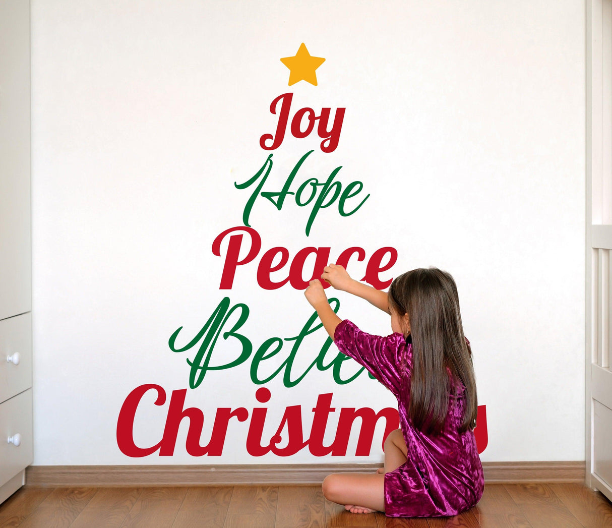 Heartfelt Christmas Quote Wall Decal - "Joy Hope Peace Believe Christmas" Text Sticker - Inspirational Family Living Room Holiday Sayings - Decords