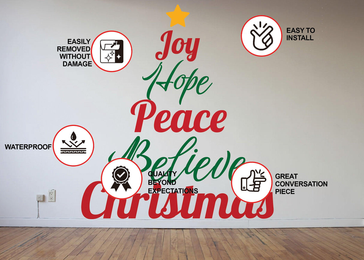 Heartfelt Christmas Quote Wall Decal - "Joy Hope Peace Believe Christmas" Text Sticker - Inspirational Family Living Room Holiday Sayings - Decords