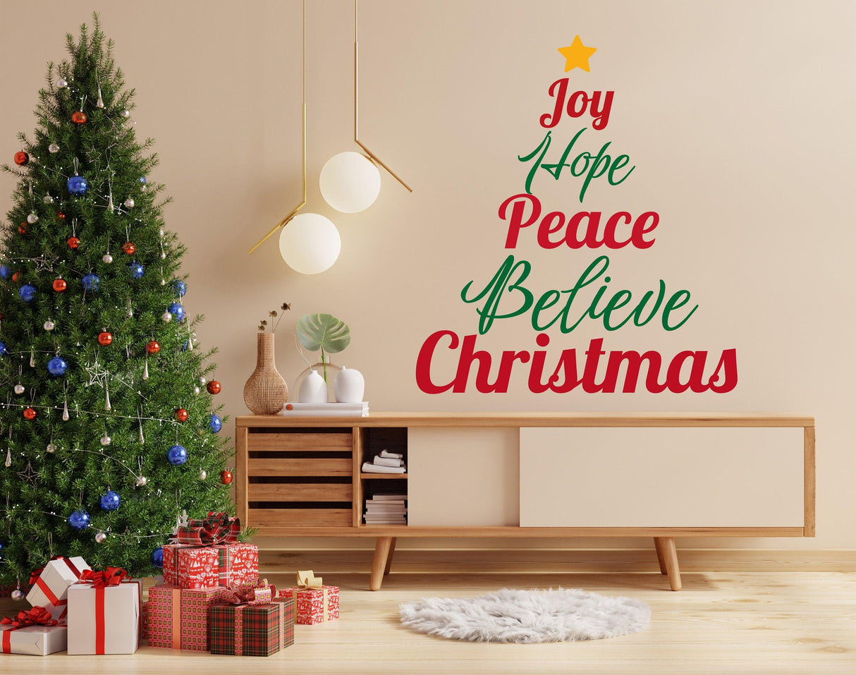 Heartfelt Christmas Quote Wall Decal - "Joy Hope Peace Believe Christmas" Text Sticker - Inspirational Family Living Room Holiday Sayings - Decords