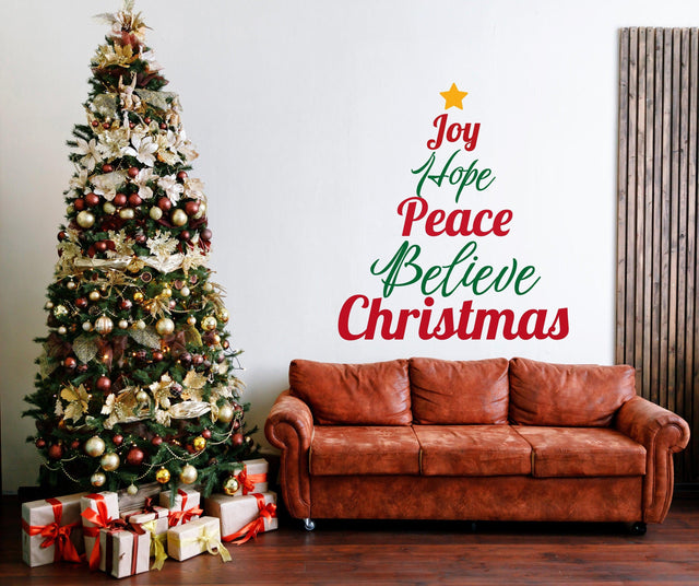 Heartfelt Christmas Quote Wall Decal - "Joy Hope Peace Believe Christmas" Text Sticker - Inspirational Family Living Room Holiday Sayings - Decords