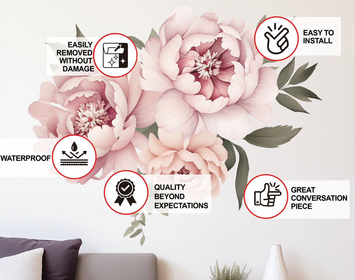 Elegant Peony Flowers Wall Decal - Watercolor Floral Peel and Stick Design - Decords