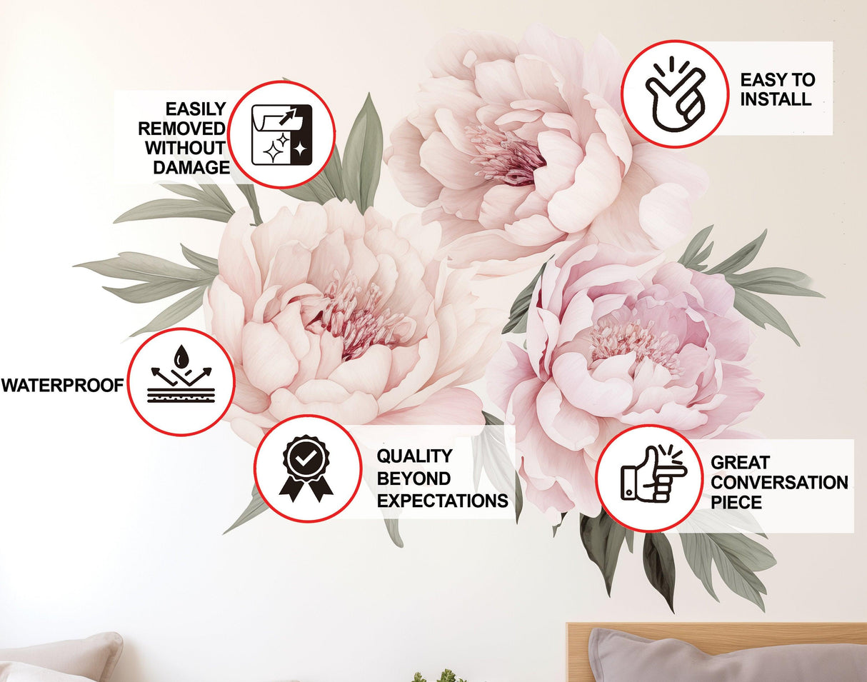 Lush Watercolor Peony Wall Decals - Vibrant Bloom Peel and Stick Adhesives - Decords