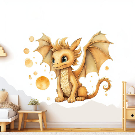 Enchanted Gold Dragon Wall Decal - Whimsical Baby Dragon Sticker Mural - Decords