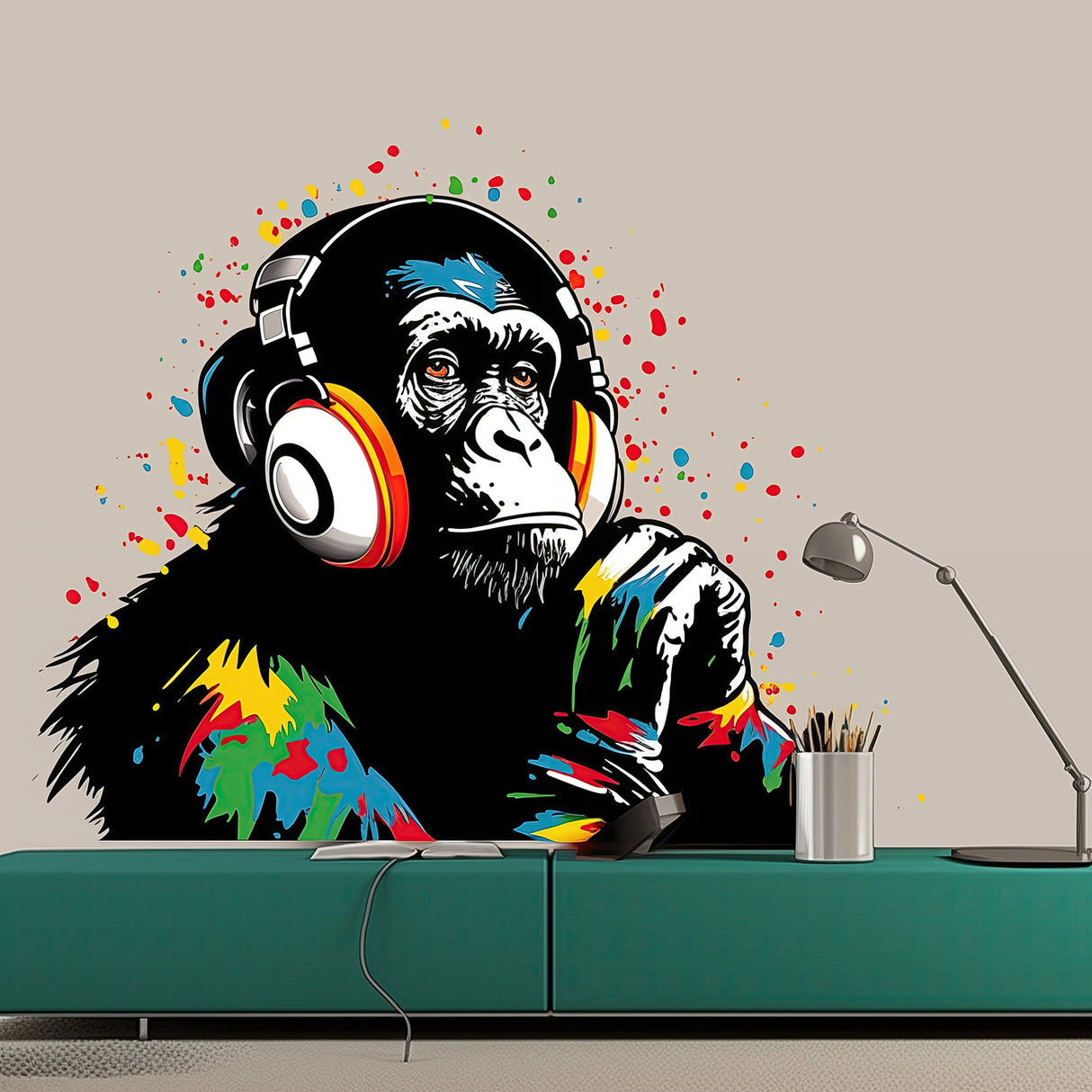 DJ Monkey Wall Decal - Vinyl Art Mural Thinking Gorilla with Headphones - Decords