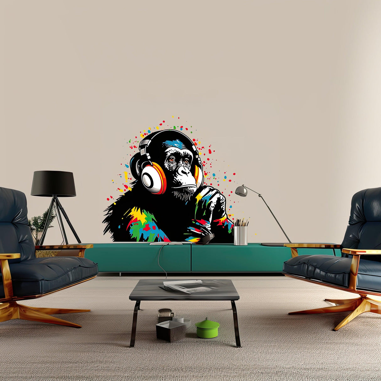 DJ Monkey Wall Decal - Vinyl Art Mural Thinking Gorilla with Headphones - Decords