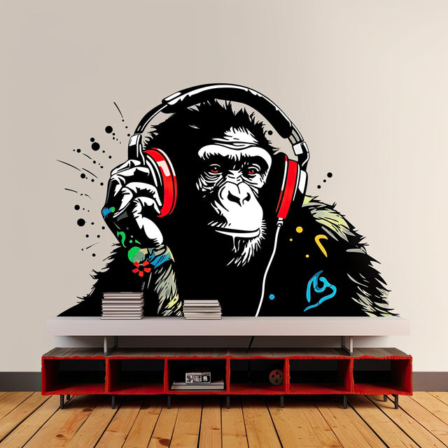 Headphone Chimp Wall Art Sticker - Urban Jungle DJ Ape Decal - Decords