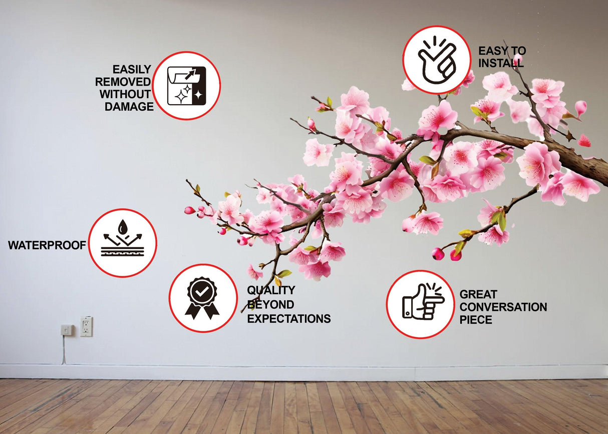 Cherry Blossom Corner Tree Wall Decal - Nursery Vinyl Sticker with Blossoms Pink Flowers Stickers - Decords