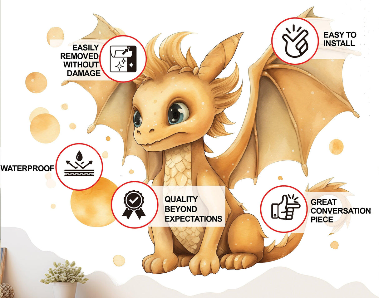 Enchanted Gold Dragon Wall Decal - Whimsical Baby Dragon Sticker Mural - Decords