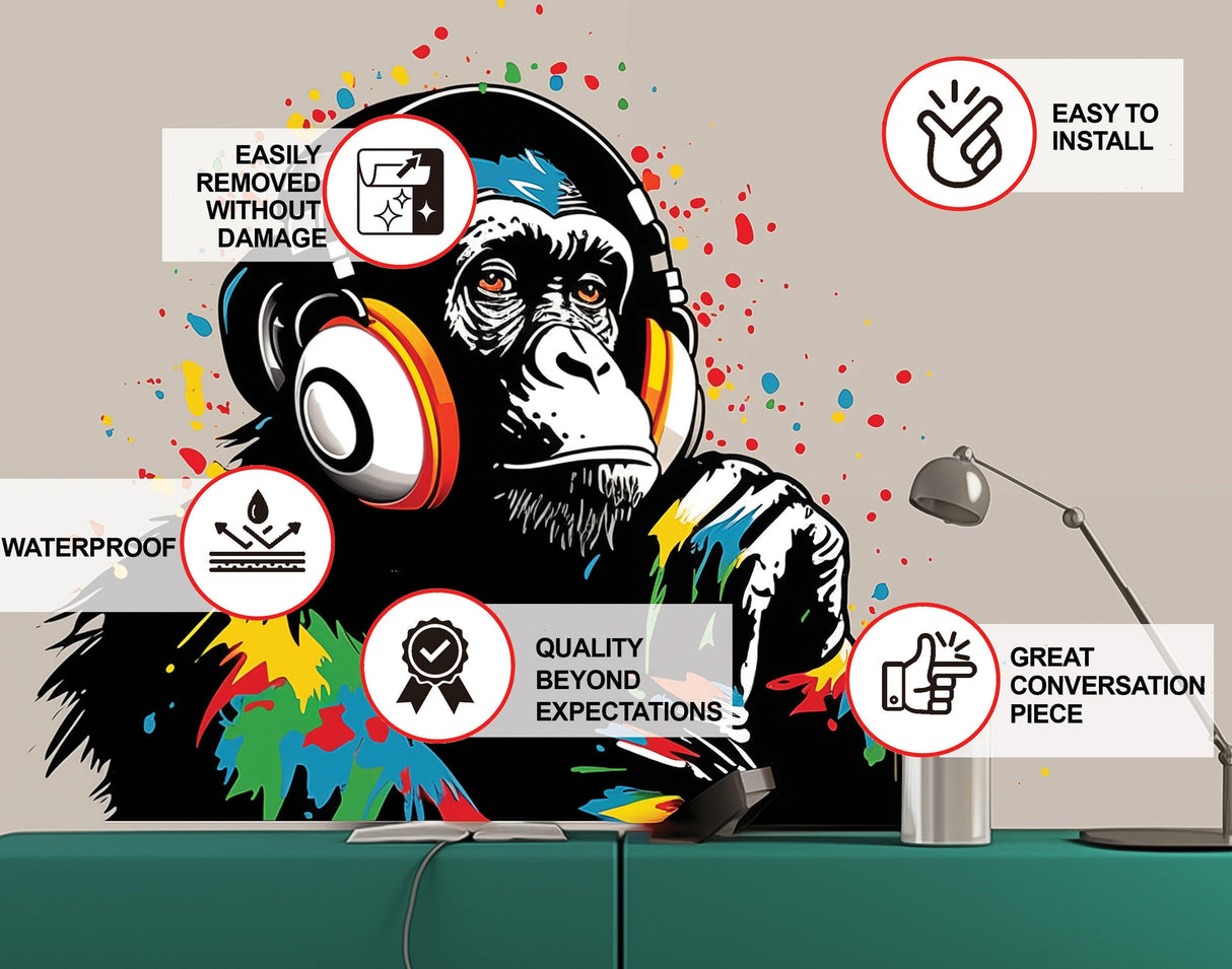 DJ Monkey Wall Decal - Vinyl Art Mural Thinking Gorilla with Headphones - Decords