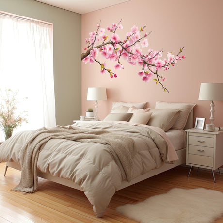 Cherry Blossom Corner Tree Wall Decal - Nursery Vinyl Sticker with Blossoms Pink Flowers Stickers - Decords