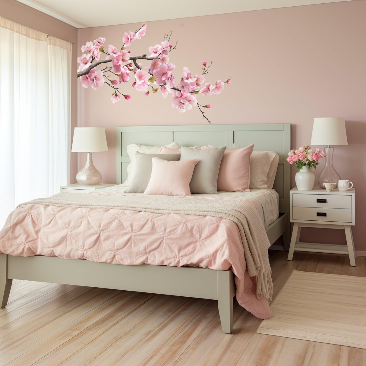 Pink Cherry Blossom Tree Branch Wall Decal - Serene Nursery Vinyl Corner Sticker - Decords