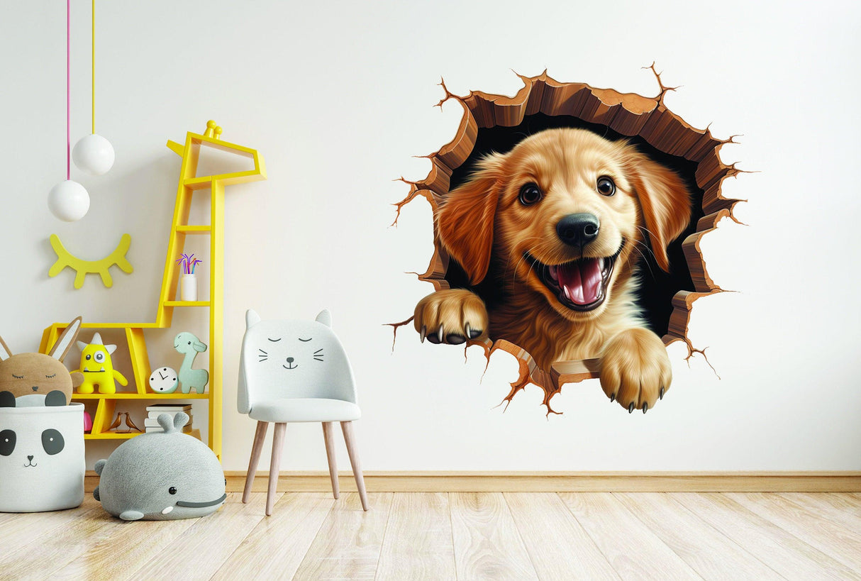 3D Dog Art Wall Sticker - Cracked Illusion Vinyl Decor - Decords