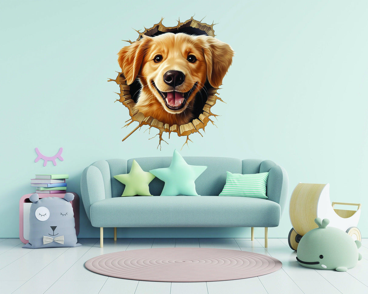 3D Cute Puppy Wall Sticker - Nursery Room Decor with Broken Dog Illusion Effect - Decords