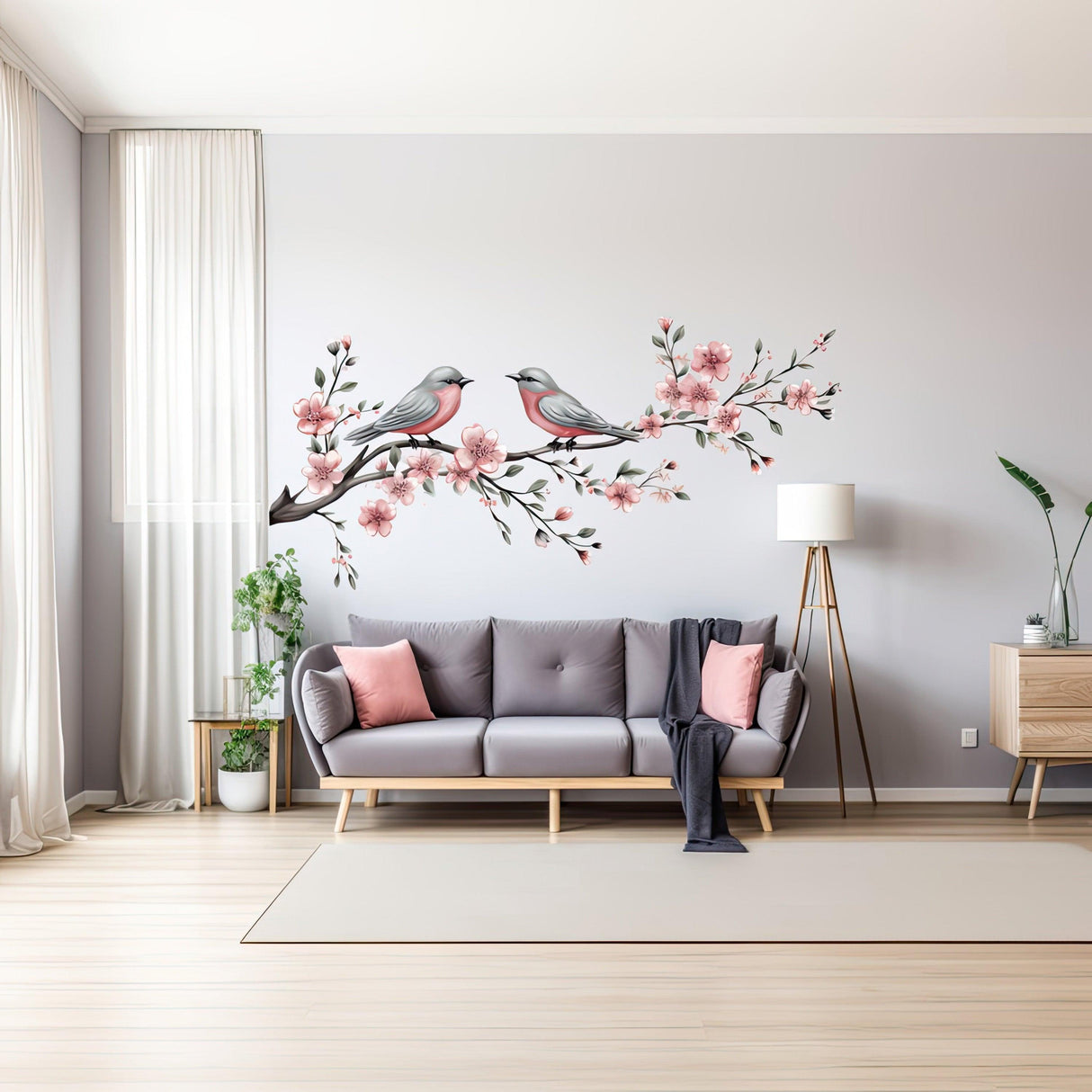 Elegant Tree Branch with Birds Wall Decal - Vinyl Corner Sticker for Living Room - Decords