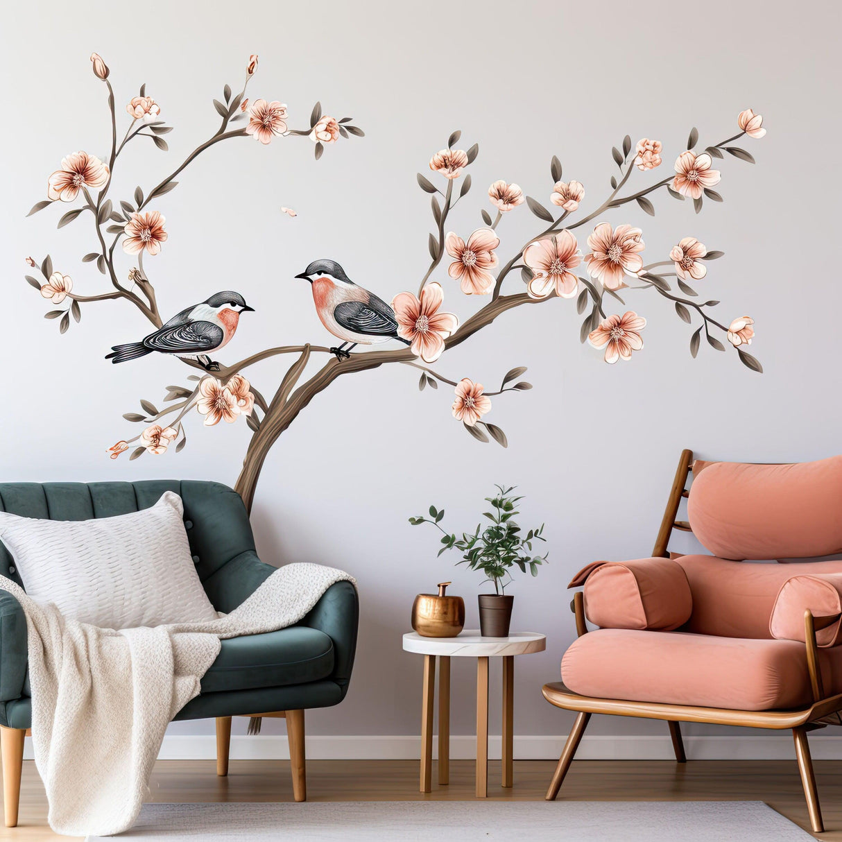 Tree with Blossom Flowers and Birds Wall Sticker - Elegant Vinyl Decor for Living Room - Decords