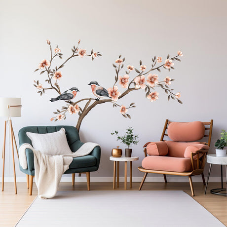 Tree with Blossom Flowers and Birds Wall Sticker - Elegant Vinyl Decor for Living Room - Decords