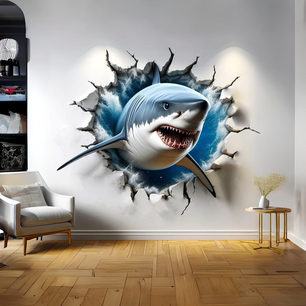 3D Great White Shark Wall Sticker - Realistic Shark Bursting Through Wall Decal - Decords