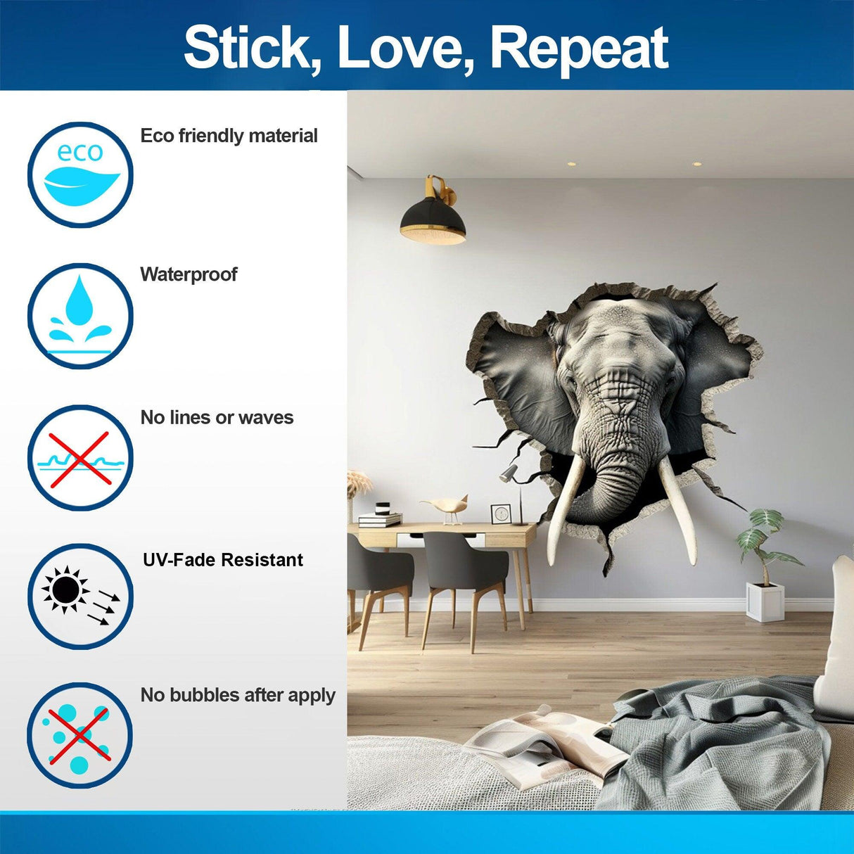 3D Elephant Wall Decal - Realistic Broken Hole Illusion Vinyl Sticker - Decords