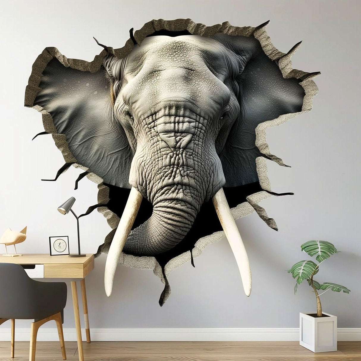 3D Elephant Wall Decal - Realistic Broken Hole Illusion Vinyl Sticker - Decords