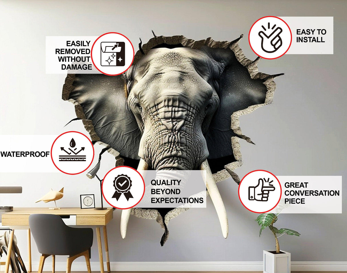 3D Elephant Wall Decal - Realistic Broken Hole Illusion Vinyl Sticker - Decords