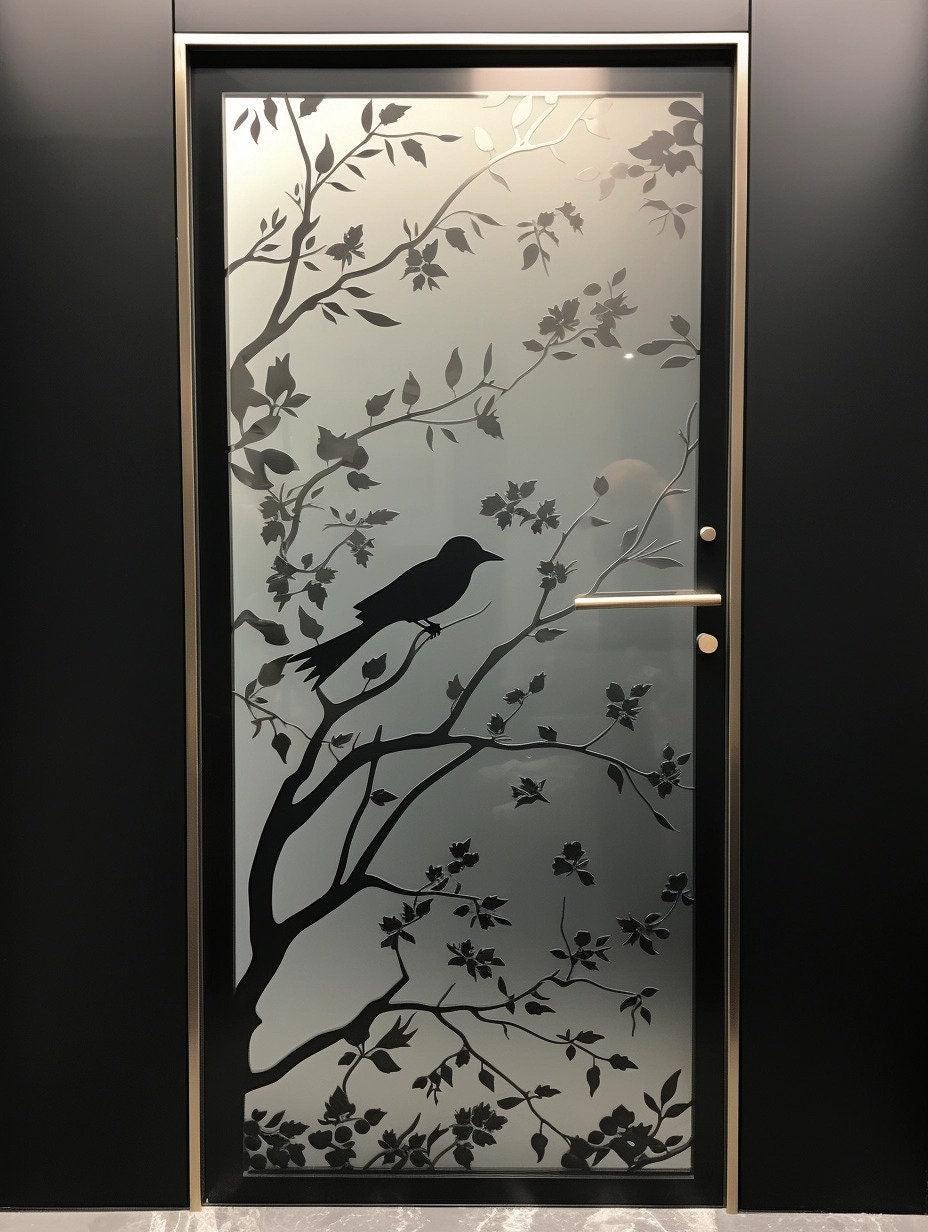 Elegant Frosted Black Tree Silhouette Decal for Glass Doors or Windows - Privacy Frosting Film with Etched Branch and Bird Sticker Design - Decords