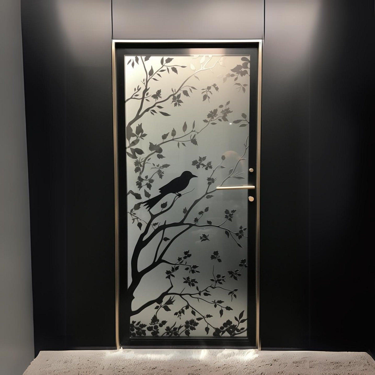 Elegant Frosted Black Tree Silhouette Decal for Glass Doors or Windows - Privacy Frosting Film with Etched Branch and Bird Sticker Design - Decords