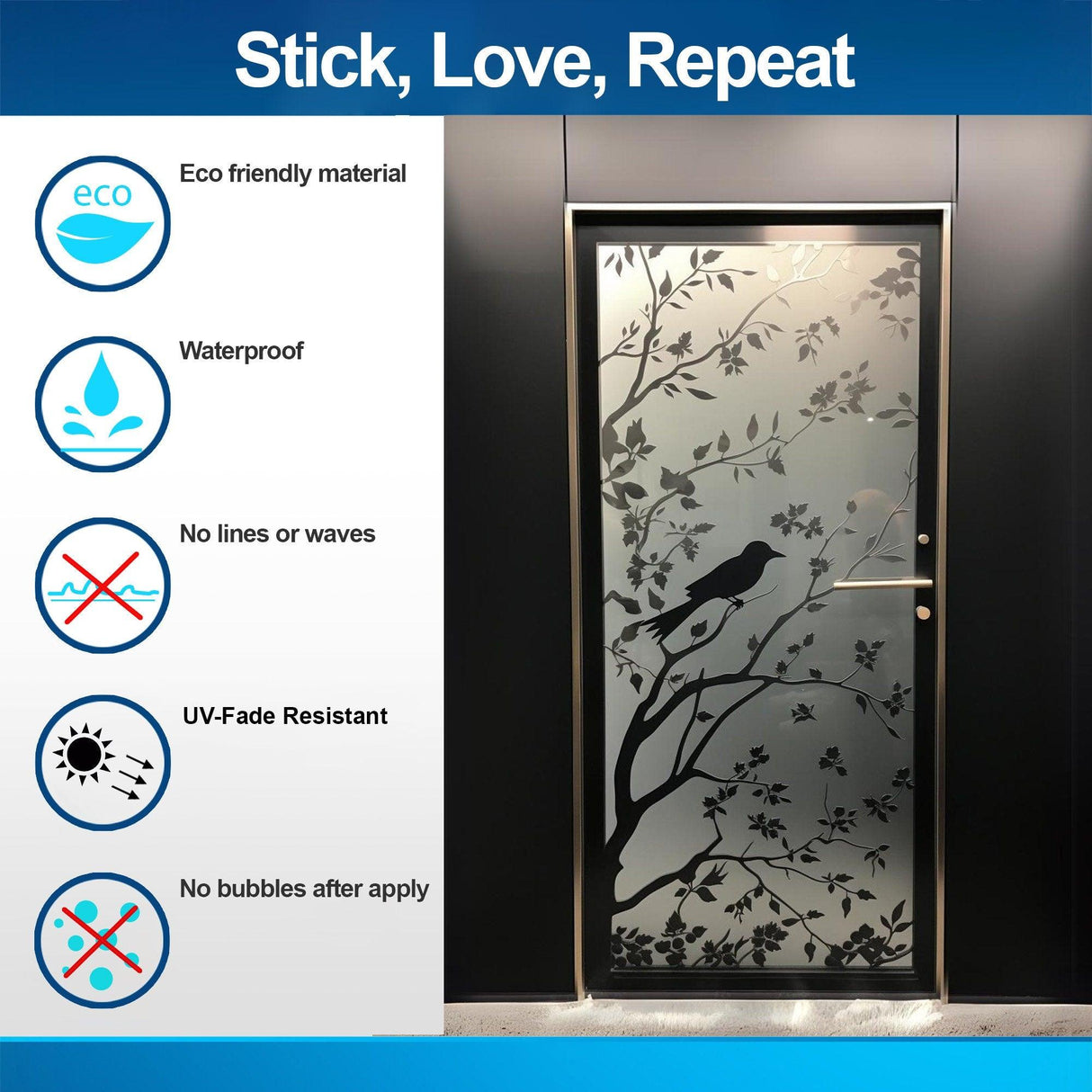 Elegant Frosted Black Tree Silhouette Decal for Glass Doors or Windows - Privacy Frosting Film with Etched Branch and Bird Sticker Design - Decords