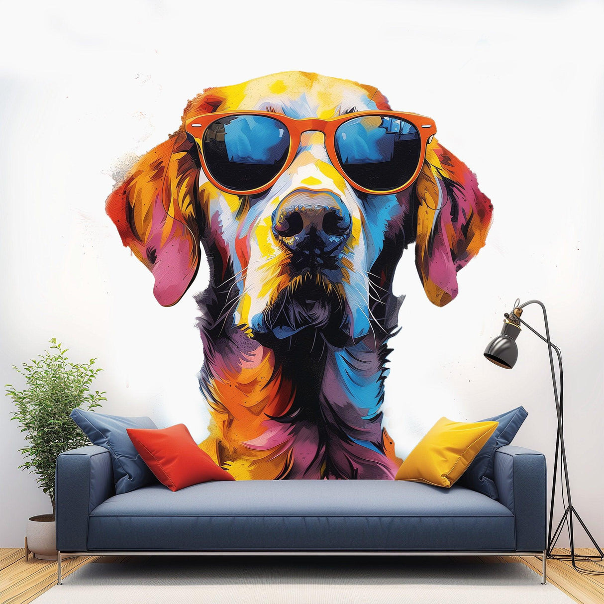 Colorful Watercolor Golden Retriever in Glasses Wall Sticker - Whimsical Toddler Room Dog Art Decal - Decords