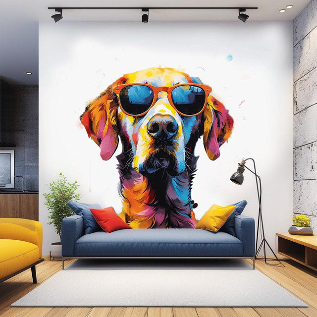 Colorful Watercolor Golden Retriever in Glasses Wall Sticker - Whimsical Toddler Room Dog Art Decal - Decords