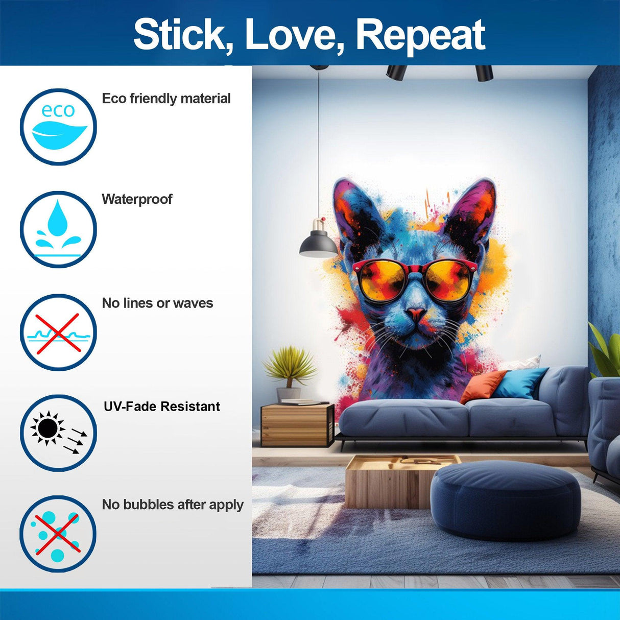 Colorful Watercolor Cat in Glasses Wall Decal - Vibrant Kitten Room Sticker Decor - Decords