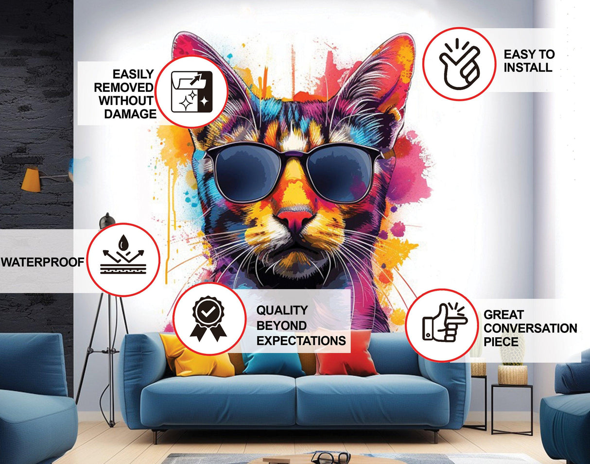 Watercolor Cat with Sunglasses Wall Decal - Playful Feline Cute Kitten Art Decal - Decords