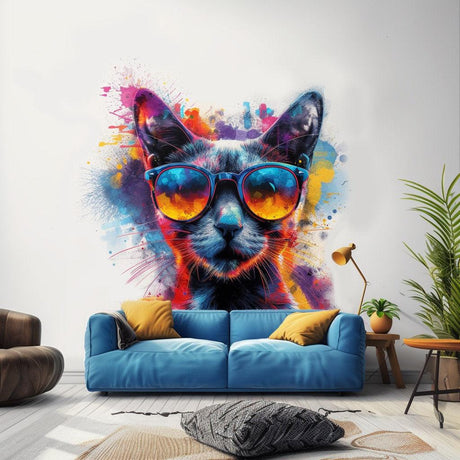 Cat with Sunglasses Wall Decal - Dynamic Watercolor Kitten Art Sticker for Modern Room Decor - Decords