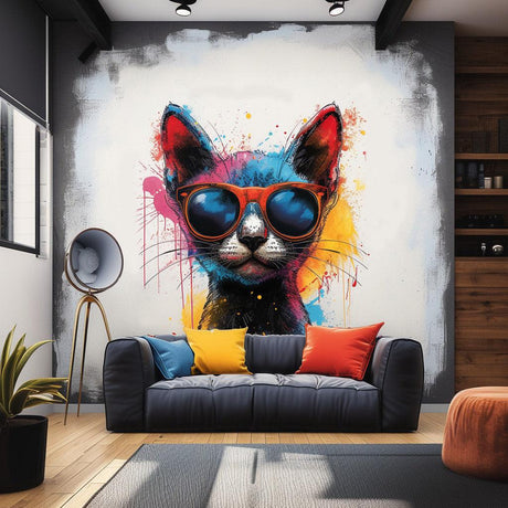 Chic Cat in Sunglasses Wall Sticker - Lively Watercolor Feline Kitten Decal for Home Decor - Decords