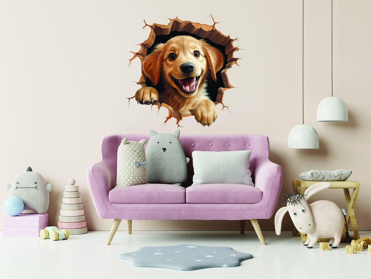 3D Dog Art Wall Sticker - Cracked Illusion Vinyl Decor - Decords