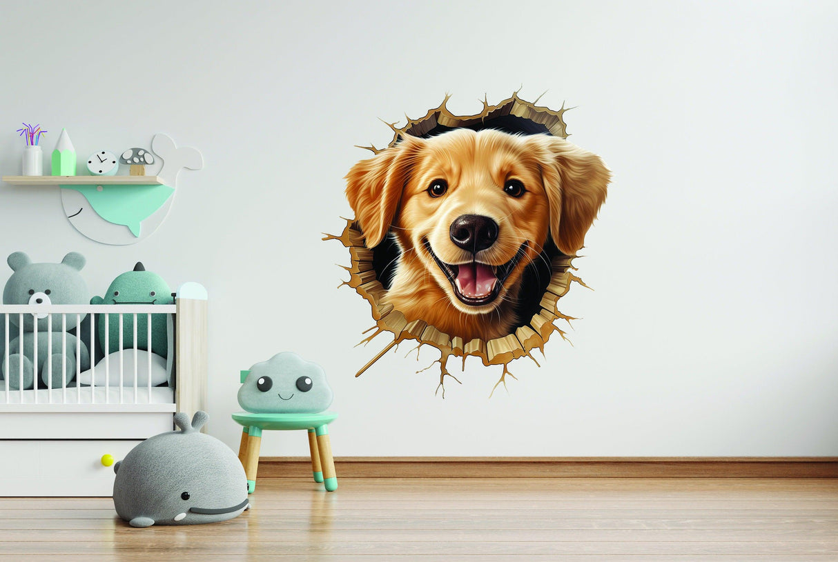 3D Cute Puppy Wall Sticker - Nursery Room Decor with Broken Dog Illusion Effect - Decords