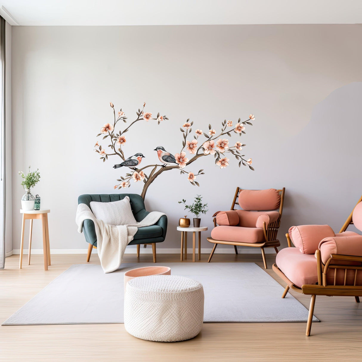 Tree with Blossom Flowers and Birds Wall Sticker - Elegant Vinyl Decor for Living Room - Decords