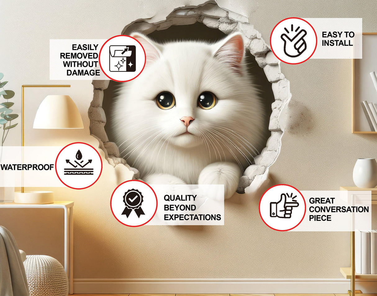 3D Cute White Cat Wall Sticker - Nursery Decor with Charming Kitty Illusion - Decords