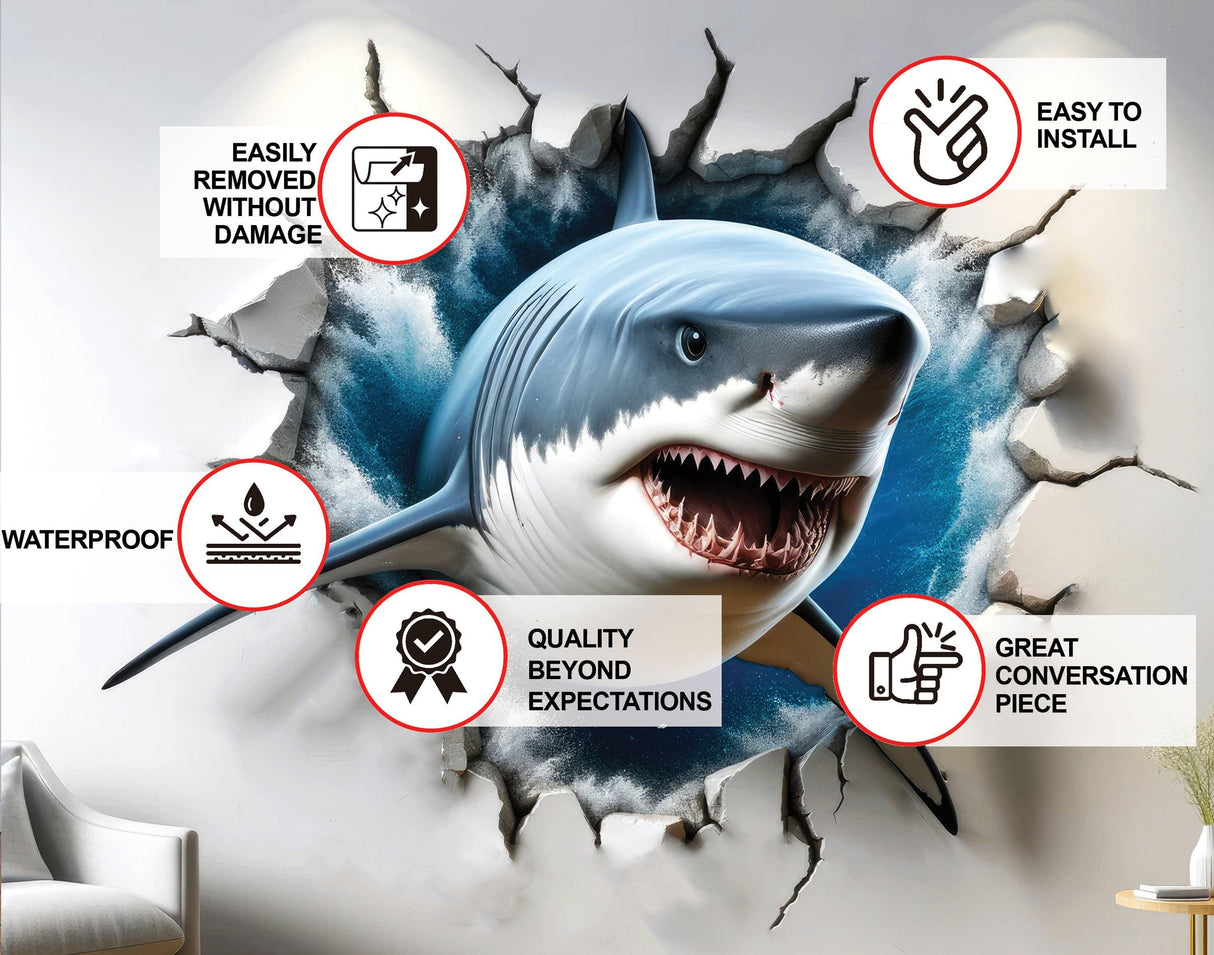 3D Great White Shark Wall Sticker - Realistic Shark Bursting Through Wall Decal - Decords