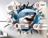 3D Great White Shark Wall Sticker - Realistic Shark Bursting Through Wall Decal - Decords