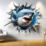 3D Great White Shark Wall Sticker - Realistic Shark Bursting Through Wall Decal - Decords