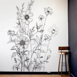 Elegant Monochrome Botanical Wall Sticker - Black Detailed Floral and Foliage Illustration Decal for Sophisticated Decor - Decords