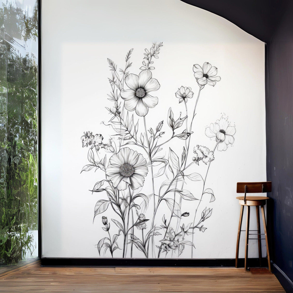 Elegant Monochrome Botanical Wall Sticker - Black Detailed Floral and Foliage Illustration Decal for Sophisticated Decor - Decords