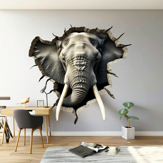 3D Elephant Wall Decal - Realistic Broken Hole Illusion Vinyl Sticker - Decords