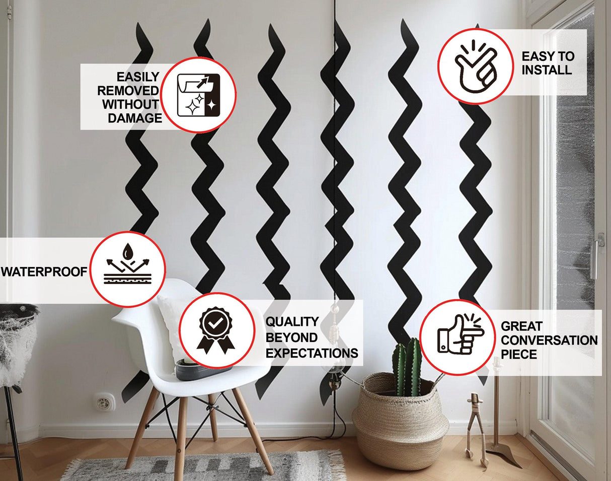 Modern Black Zigzag Wall Stickers - Vertical Patterns Vinyl Stickers for Contemporary Room Decor - Decords