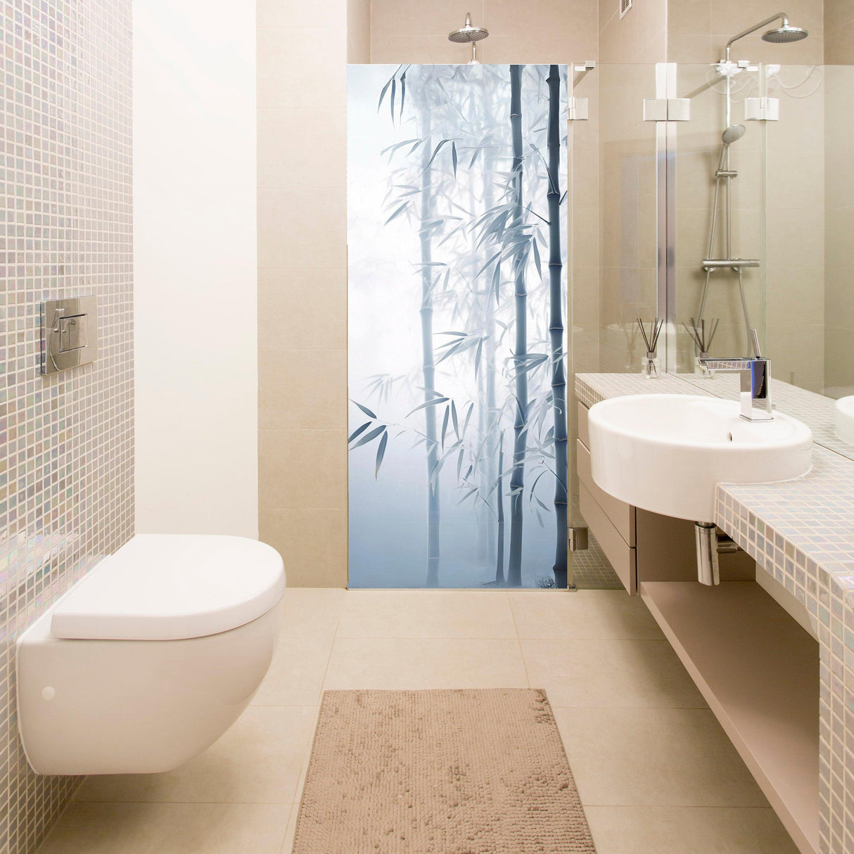 Tranquil Bamboo Forest Shower Glass Door Sticker - Ethereal Misty Reed Decal for Bathroom Privacy - White Blurry Foggy Cane Plants - Decords